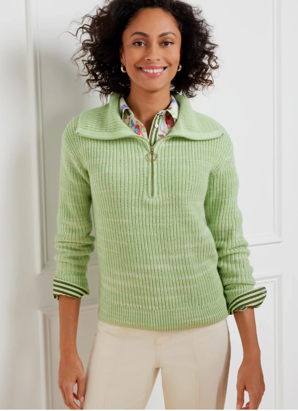 Talbots Plus 2X Zip Collar Pullover Sweater Light Green Space Dyed Long Sleeve